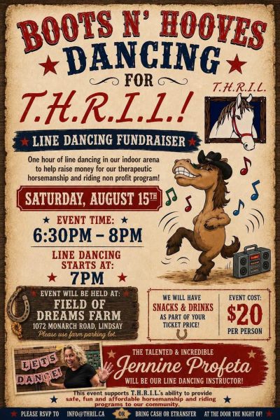 Poster for Boots and Hooves linedancing event. Poster says admission is $20 and will include snakcs and drinks.